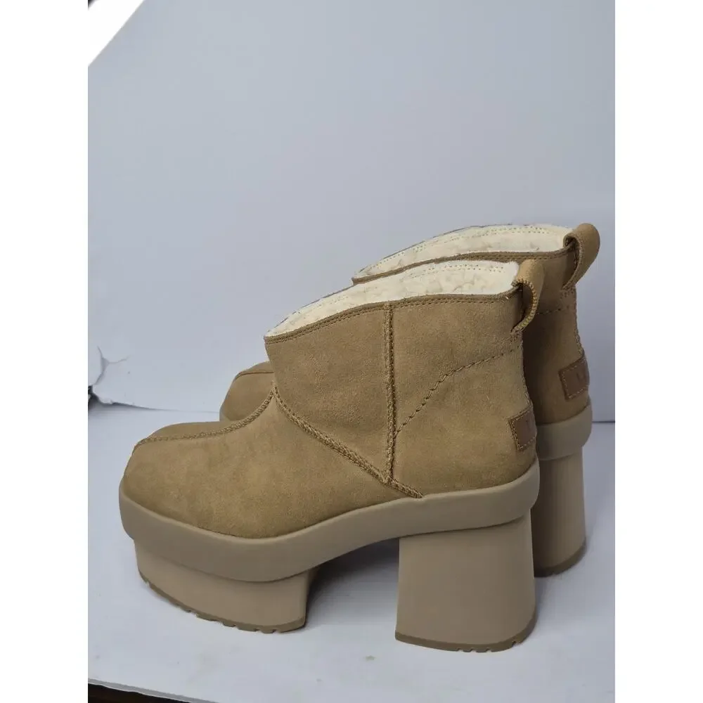 UGG New Heights Platform Mini Boot Tan Suede Shearling Lined Heel Women’s Size 8